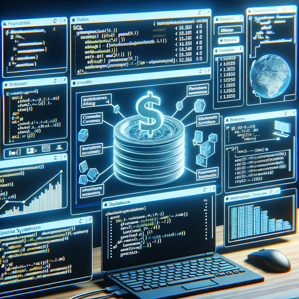 Ilustração de sistema financeiro com telas de código, gráficos e símbolo de dinheiro representando análises em SQL e banco de dados.